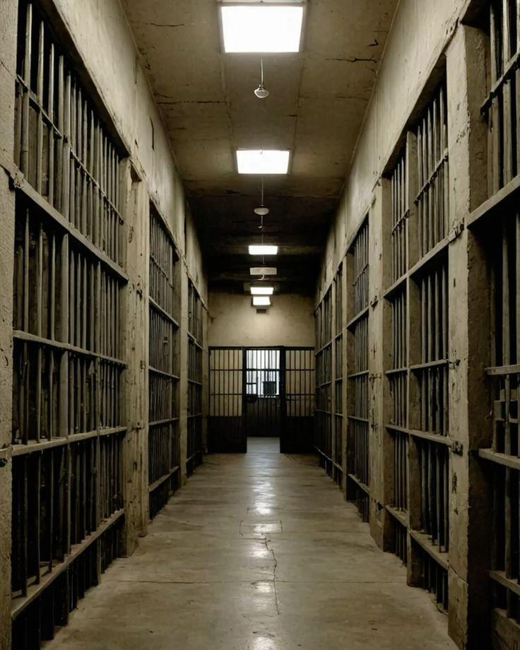 A prison cell block with the doors hanging open to symbolize someone being given parole or probation in California.